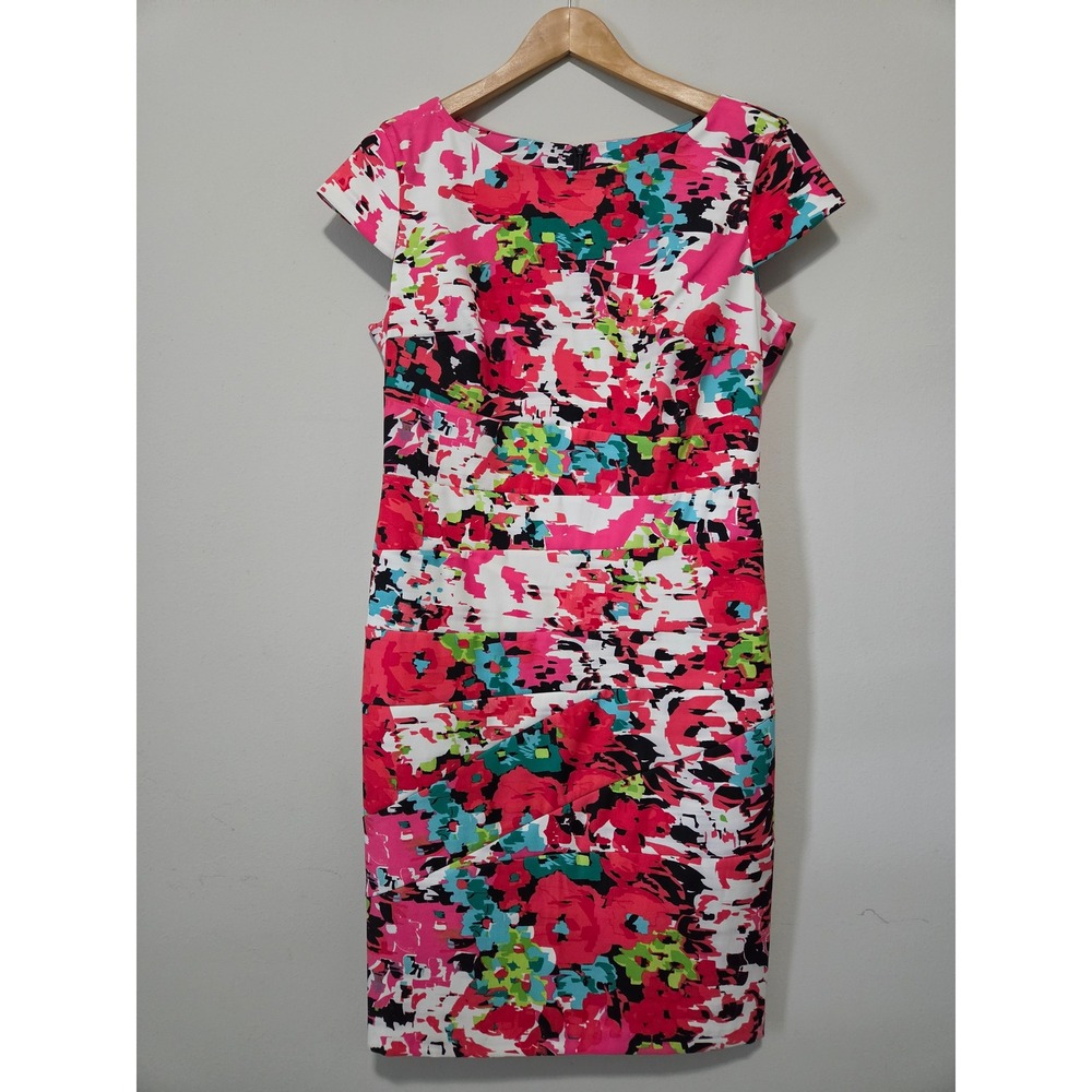 AGB Dress Pink Floral Abstract Scuba Sheath Dress Cap Sleeve Size 14